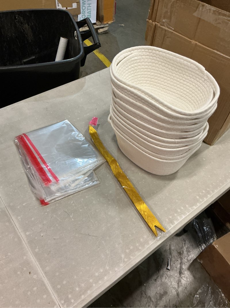 Condition photo showing As Is for (incomplete )12 pack small woven basket with gift bags and ribbons,woven gift baskets empty, white woven rope baby gift empty baskets for gifts and storage