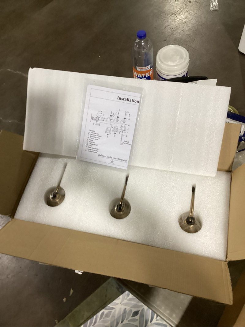 Condition photo showing Good Condition for Brushed Gold Bathroom Vanity Light, Farmhouse Brass Bathroom Light Fixtures Over Mirror, 3 Light Vanity Lighting Fixtures, Flower Glass Shade Wall Sconce Lighting 3 light Gold