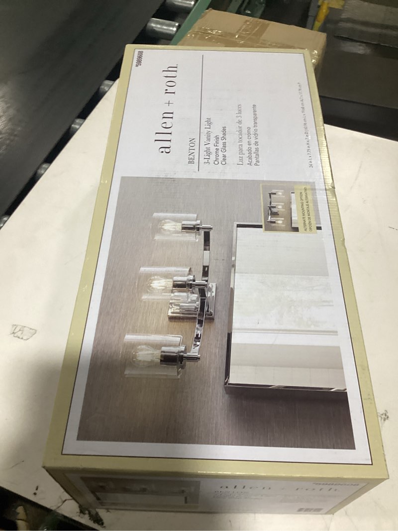 Condition photo showing New/Like New for 3 Lights Vanity Light, Polished Chrome Bathroom Wall Light Fixture Over Mirror, Modern Wall Sconce with Clear Glass Shade, Farmhouse Mount Lamp for Washroom, Living Room, Workshop Polished Chrome 3-Light