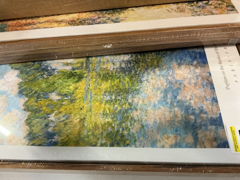 Condition photo showing Good Condition for large framed claude monet landscape wall art for living room, 3 piece impressionist vintage nature prints paintings, green tree canvas pictures artwork decor for bedroom entryway 16x24 inch 16w" x 24h"x3pcs green and orange