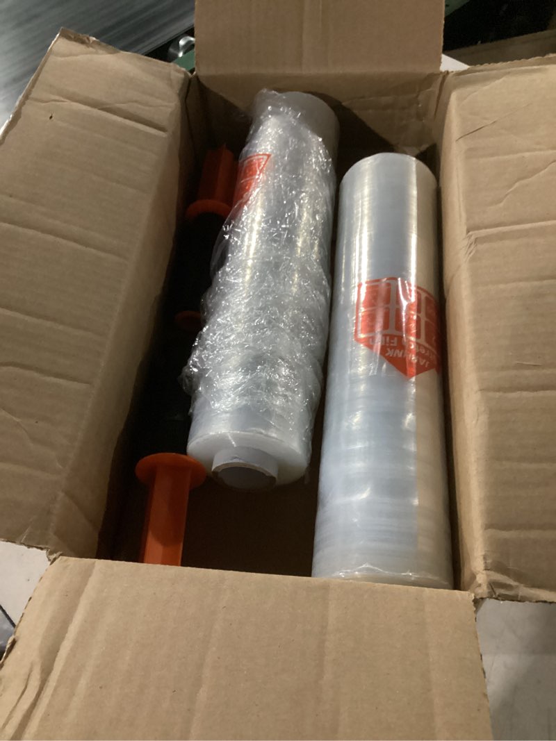 Condition photo showing As Is for JARLINK Stretch Film, 15 Inch x 1000 Feet Shrink Wrap for Pallet Wrap, Industrial Strength Stretch Wrap with Handles, Moving Wrapping Plastic Roll, 60 Gauge, 2 Pack, Clear 2 Pack Orange Handles