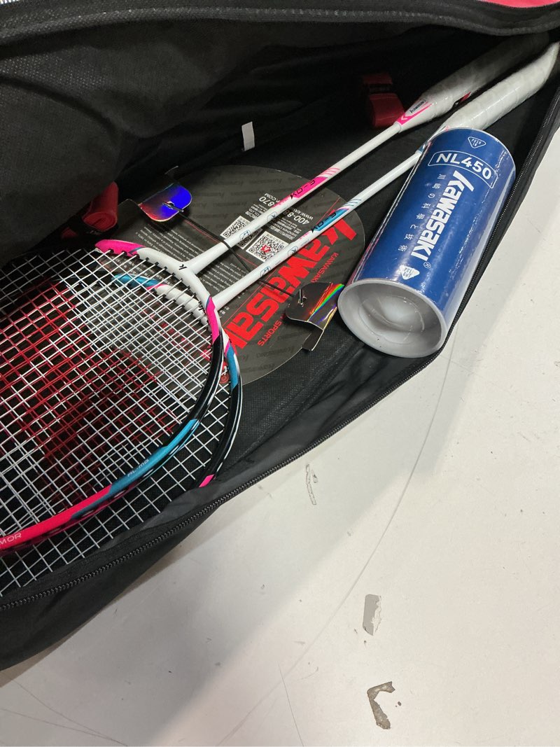 Condition photo showing Good Condition for Kawasaki Badminton Rackets, Professional Graphite Shaft Badminton Set of 2 for Backyard, with 2 Lightweight Carbon Badminton Racquets/3 Badminton Shuttlecocks/2 Racquet Overgrips/1 Carry Bag Red/Blue