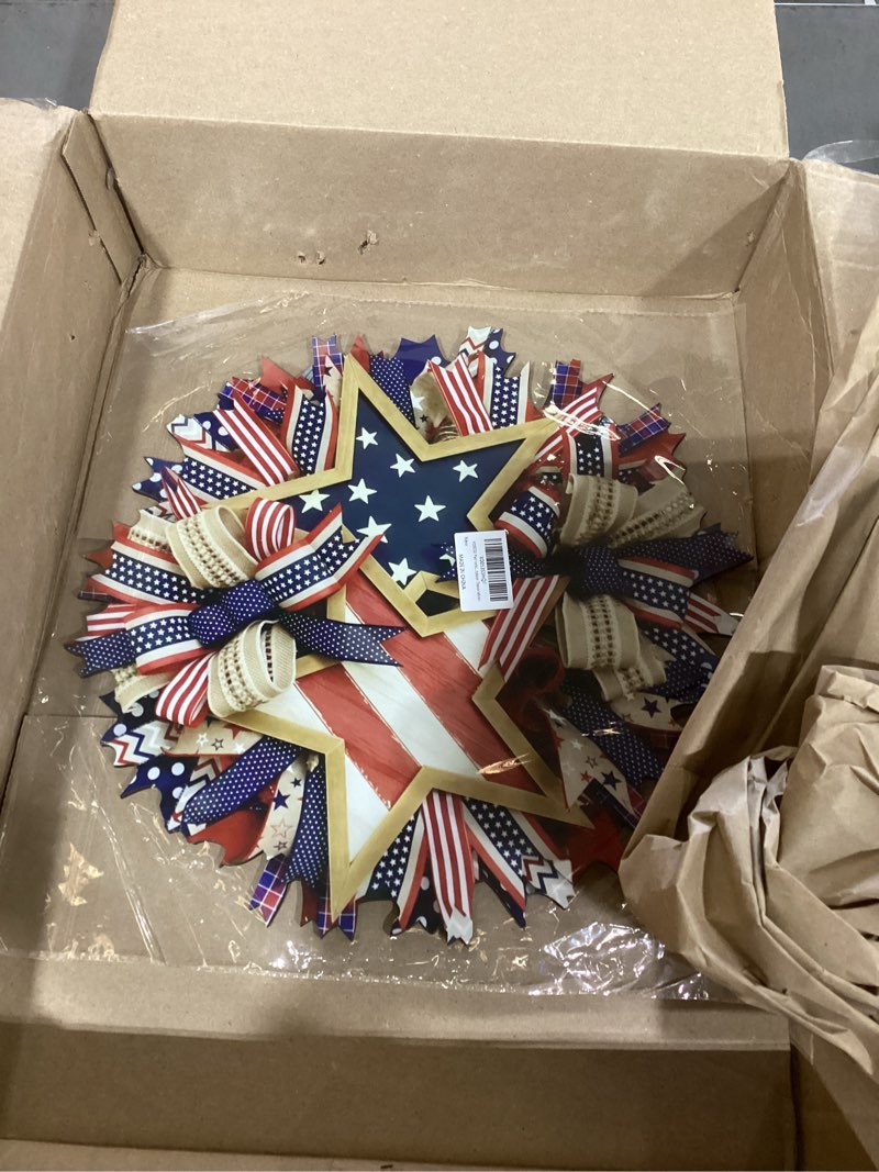 Condition photo showing New/Like New for yoeco patriotic wreath for front door, red white and blue, 24x18 inch, round, fabric, handcrafted, 4th of july independence day outdoor decoration