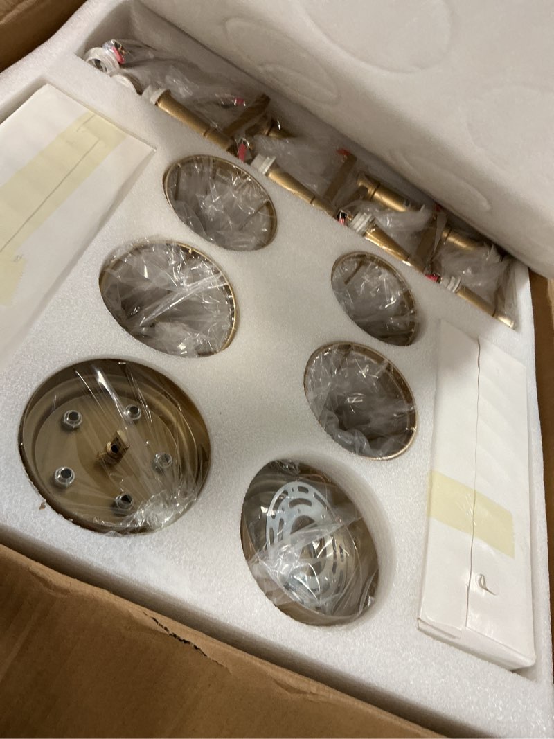 Condition photo showing As Is for 10-Light Crystal Glass Chandelier Round 38" Gold Wagon Wheel Chandelier Modern Crystal Entry Light Fixture with Adjustable Chain for Dining Room Foyer Bedroom Gold Crystal 10-Light
