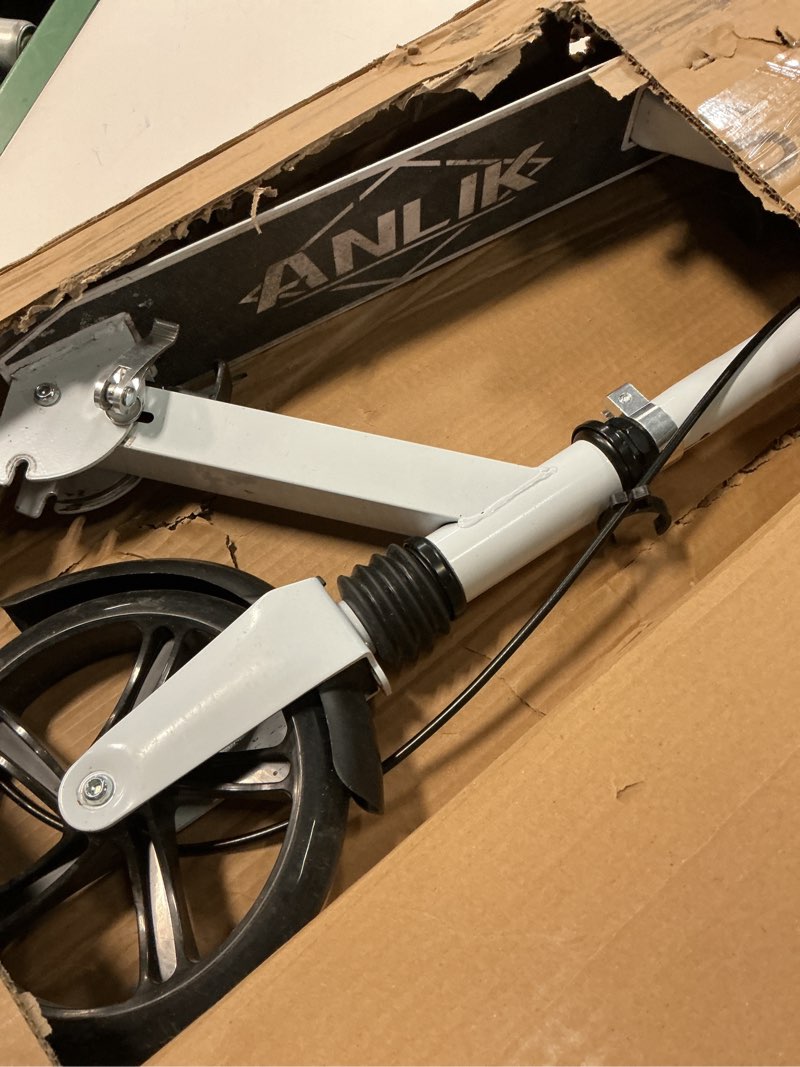 Condition photo showing As Is for dual-brake shock-absorbing kick scooter, anti-skid pu wheels, 4 height-adjustable positions, wider pedals, suitable for children over 6 years old, teenagers & adults white
