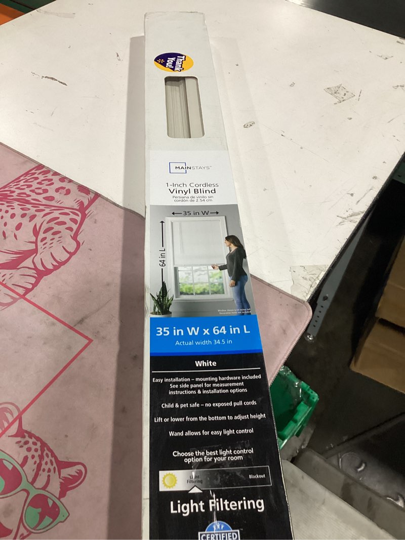 Condition photo showing Good Condition for mainstays 1" cordless vinyl light filtering blinds, 1-piece, white, 35" w x 64" l