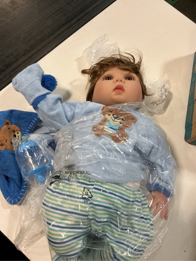 Condition photo showing Good Condition for aori reborn baby boy doll - 22 inch realistic lifelike weighted newborn boy with ultra soft body, pacifier, outfit | handmade soft vinyl baby doll for kids 3+, toddlers, collectors blue hat