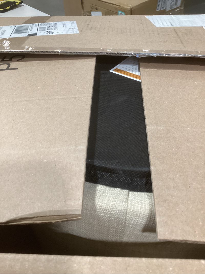 Condition photo showing New/Like New for Amazon Basics Round Linen Ottoman with Storage, Tufted Upholstered Footstool for Living Room and Bedroom, 20" x 17", Linen Burlap Beige Burlap 20"D x 20"W x 17"H