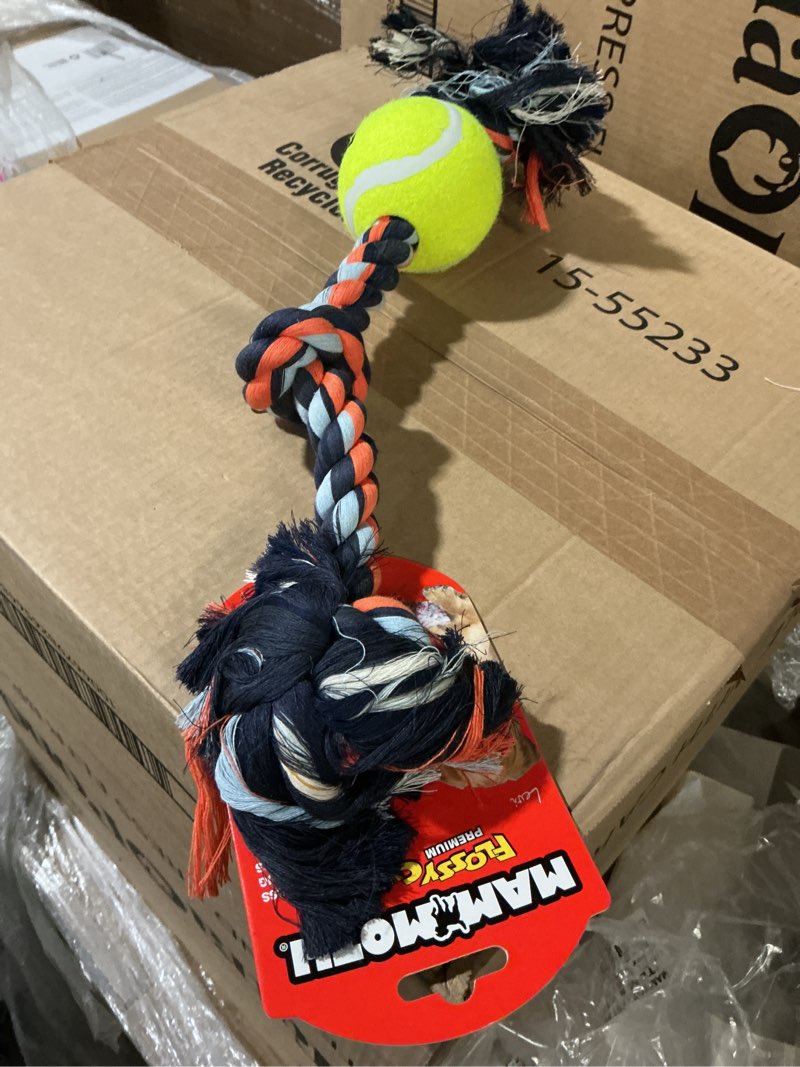 Condition photo showing New/Like New for Mammoth Flossy Chews Cottonblend 3 Knot Tug Rope Dog Toy with 3” Tennis Ball  Medium 20   Assorted Colors