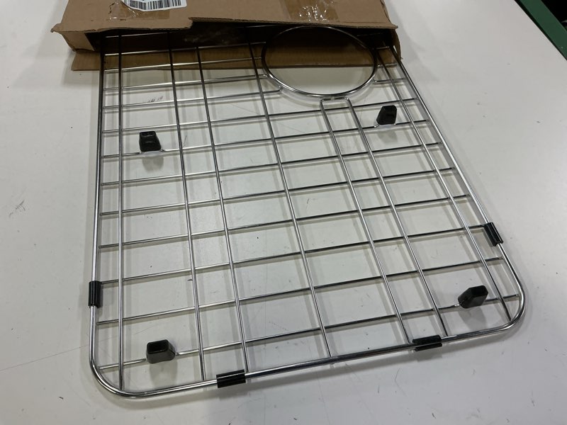 Condition photo showing Good Condition for sink protector for kitchen sink,sink rack 27.2" x 13.3",large metal sink grate with strainer,stainless steel sink grid for bottom of sink with rear drain hole dia 5",corner radius 1" 27.2" x 13.3",rear drain