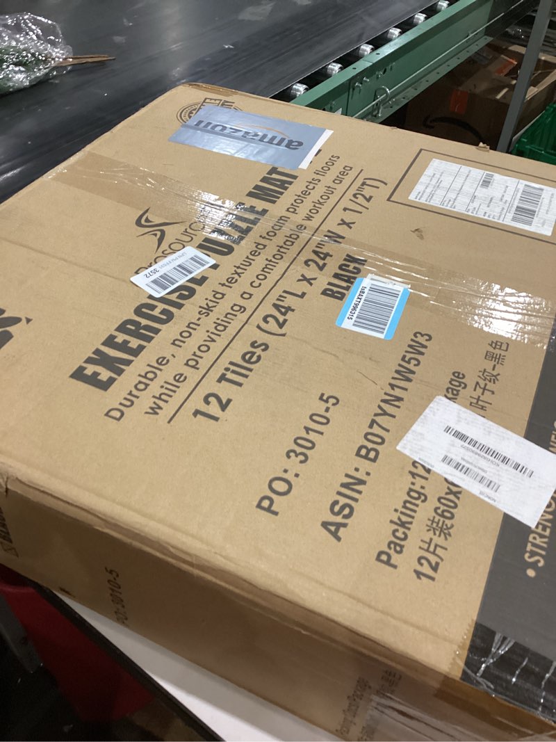 Condition photo showing As Is for ProsourceFit Puzzle Exercise Mat ½ in, EVA Interlocking Foam Floor Tiles for Home Gym, Mat for Home Workout Equipment, Floor Padding for Kids, Black, 24 in x 24 in x ½ in, 48 Sq Ft - 12 Tiles Black 12 Pack (48 SQ FT)