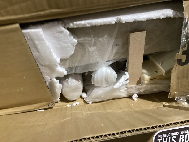 Condition photo showing As Is for wood bed frame with upholstered headboard wooden platform with silent slat support mattress foundation no box spring needed, easy assembly oat queen style a