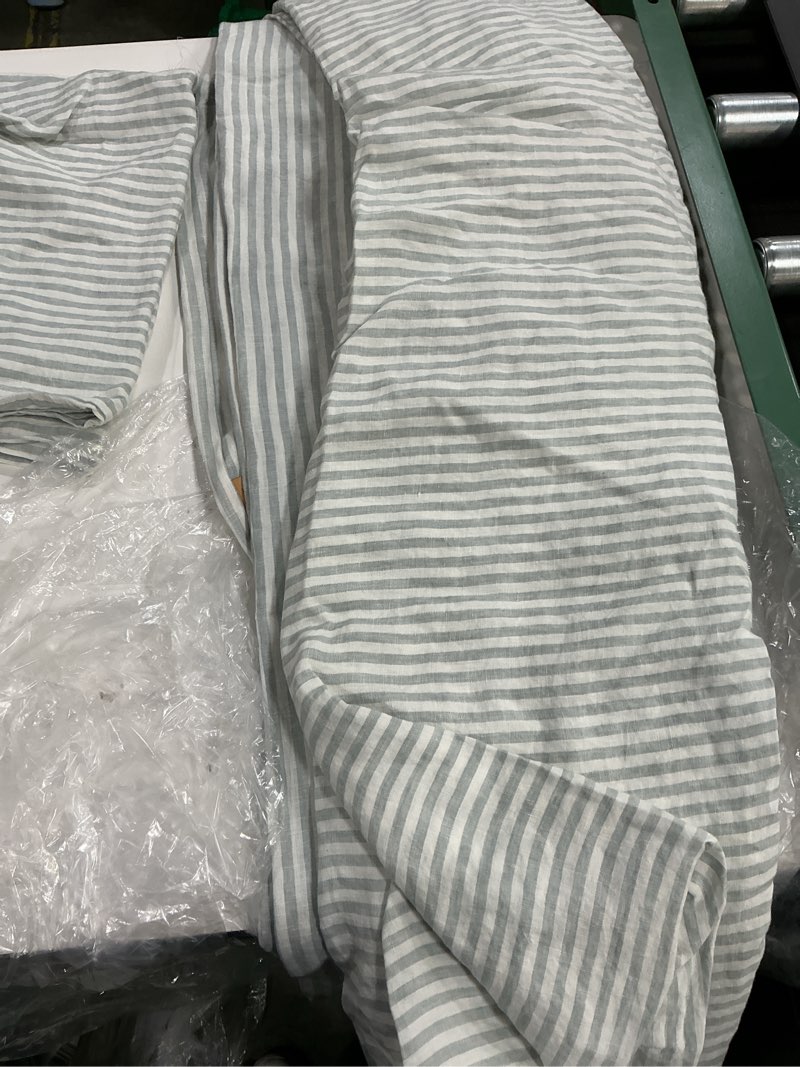 Condition photo showing As Is for quince european linen sheet set willowleaf/white stripe size queen