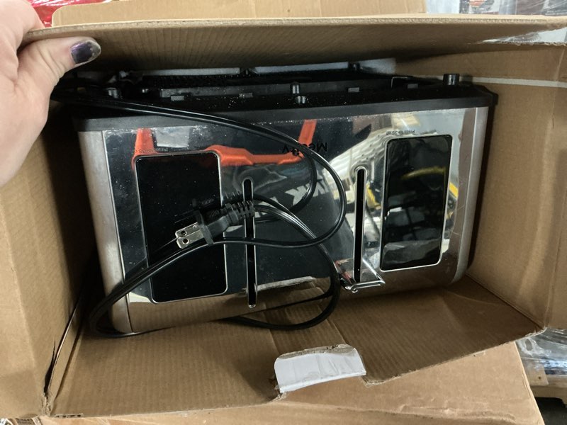 Condition photo showing As Is for Mecity 4 Slice Toaster with Touch Screen Control, 4 Wide Slots, Stainless Steel Smart Bread Toaster for Bagels, Muffins, Waffles, Dual Control Panel, Timer, Defrost, Reheat, 120V 1650W Stainless Steel One Size