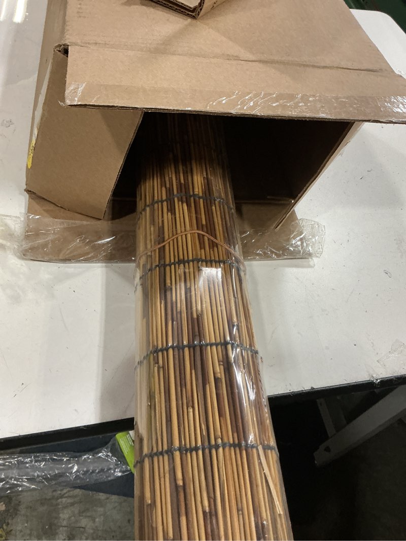 Condition photo showing New/Like New for bamboo blinds for interior windows, custom bamboo shades for indoor windows, light filtering, easy to install, bambo roll up blinds for outdoor patio, decks, porch, backyards carbonized 23"w x 48"h