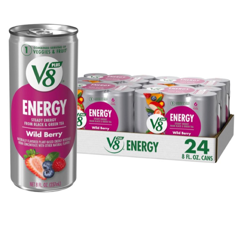 (Best by: Apr/15/2025) V8 +Energy Wild Berry Juice Energy Drink, 8 fl oz Can (24 Pack)