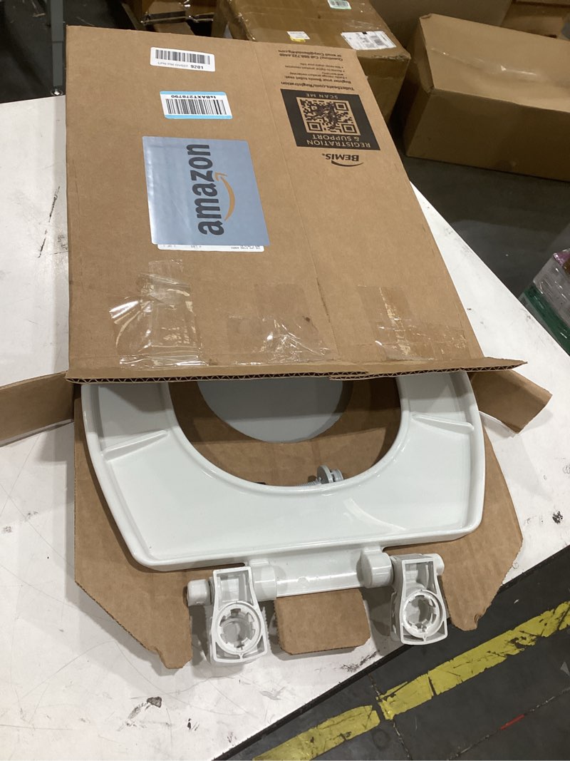 Condition photo showing As Is for bemis 7300slec slow close toilet seat, easy clean hinges and durable plastic seat, made in usa, elongated, white elongated slow close