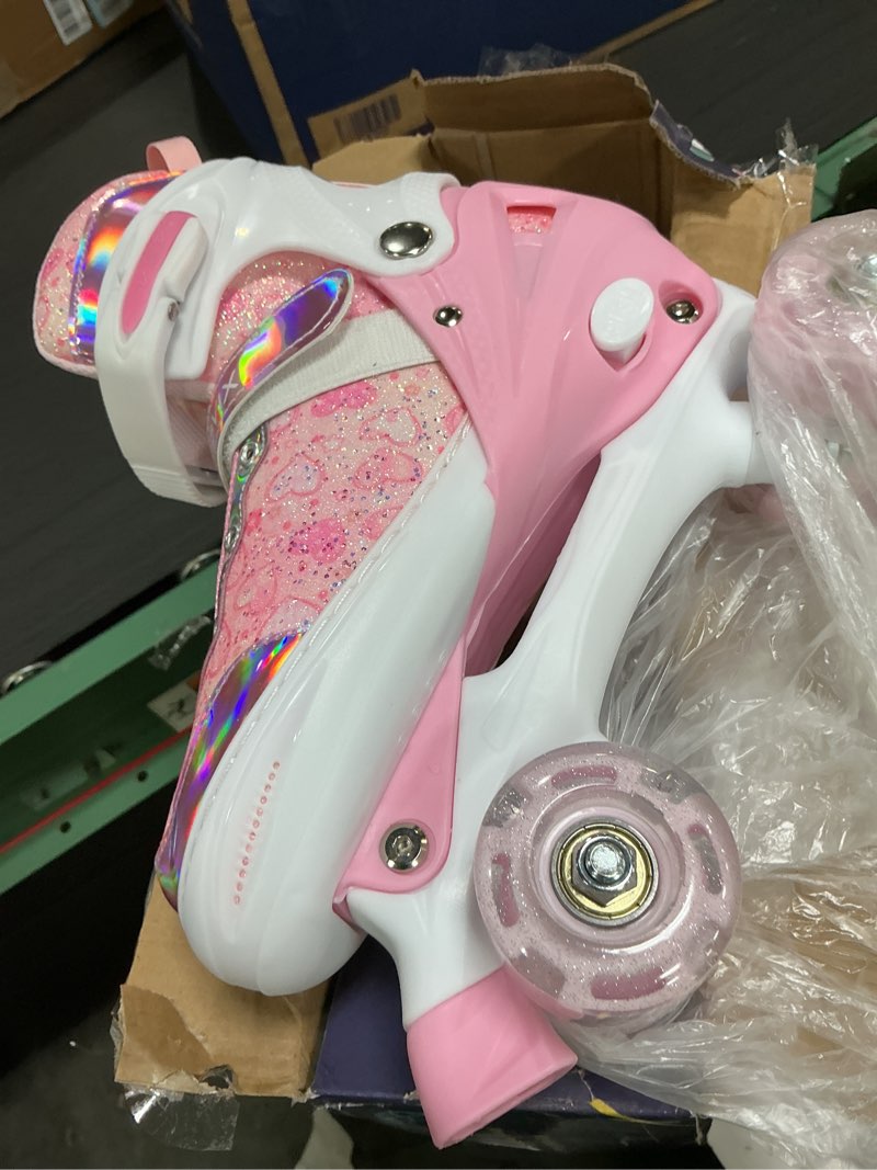 Condition photo showing Good Condition for kids roller skates for girls boys toddlers youth adult, 4-size adjustable quad skates with light up wheels, children skates indoor outdoor sports gifts pink l(us 3-6/8.5-10.5 in)