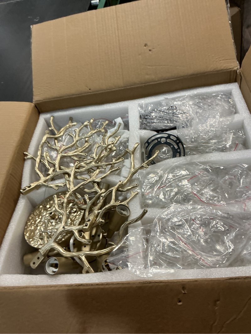 Condition photo showing As Is for EGM Gold Tree Branch Crystal Chandelier 18-Inch, Crystal Chandelier for Dining Room 6-Light, Hanging Round Raindrop Chandeliers for Living Room E12 Soft Gold 18 Inch (6 Light)