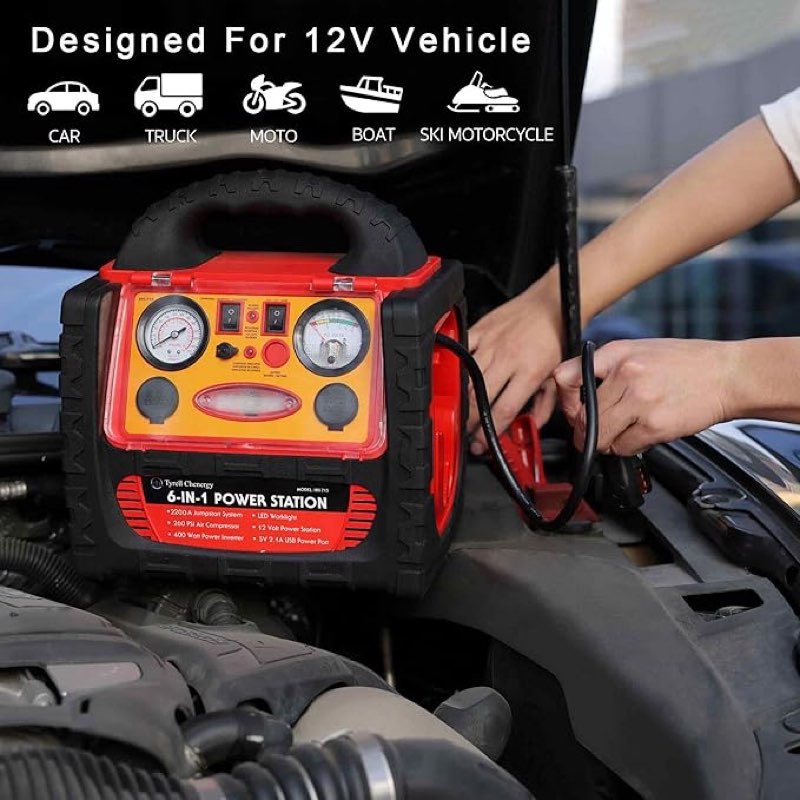 2200 amp car jump starter with air compressor,portable power station with 260 psi tire inflator,400w power inverter dual ac/dc ports,2.1a usb port,battery clamps
