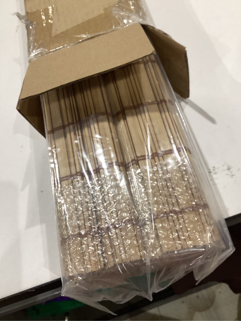 Condition photo showing Good Condition for agesisi bamboo roman shades with valance cover, cordless blinds for indoor windows, light filtering woven wood shades for home & patio, privacy protection, 34" w x 64" h, carbonized light filtering-carbonized 34"w x 64"h