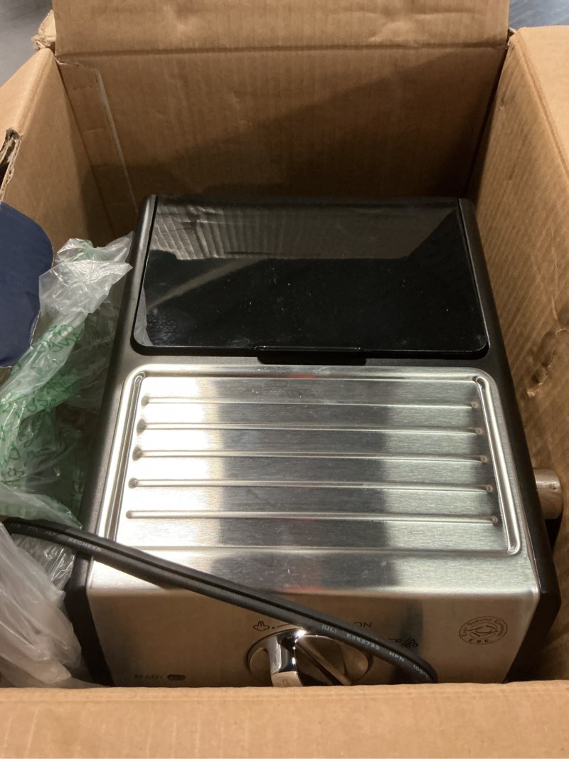Condition photo showing As Is for de'longhi 15-bar pump espresso machine with milk frother & temperature control - compact home barista coffee maker for espresso, latte, cappuccino & iced coffee, easy to clean design black/stainless steel