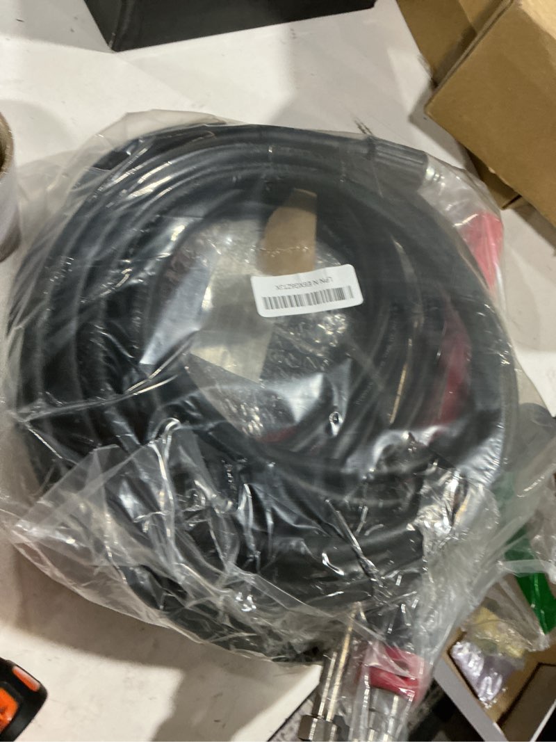 Condition photo showing As Is for pressure washer gun and hose kit, 50ft high pressure power washer hose with spray gun, wand extension, 5 nozzle tips, m22-14mm fittings, 3600 psi