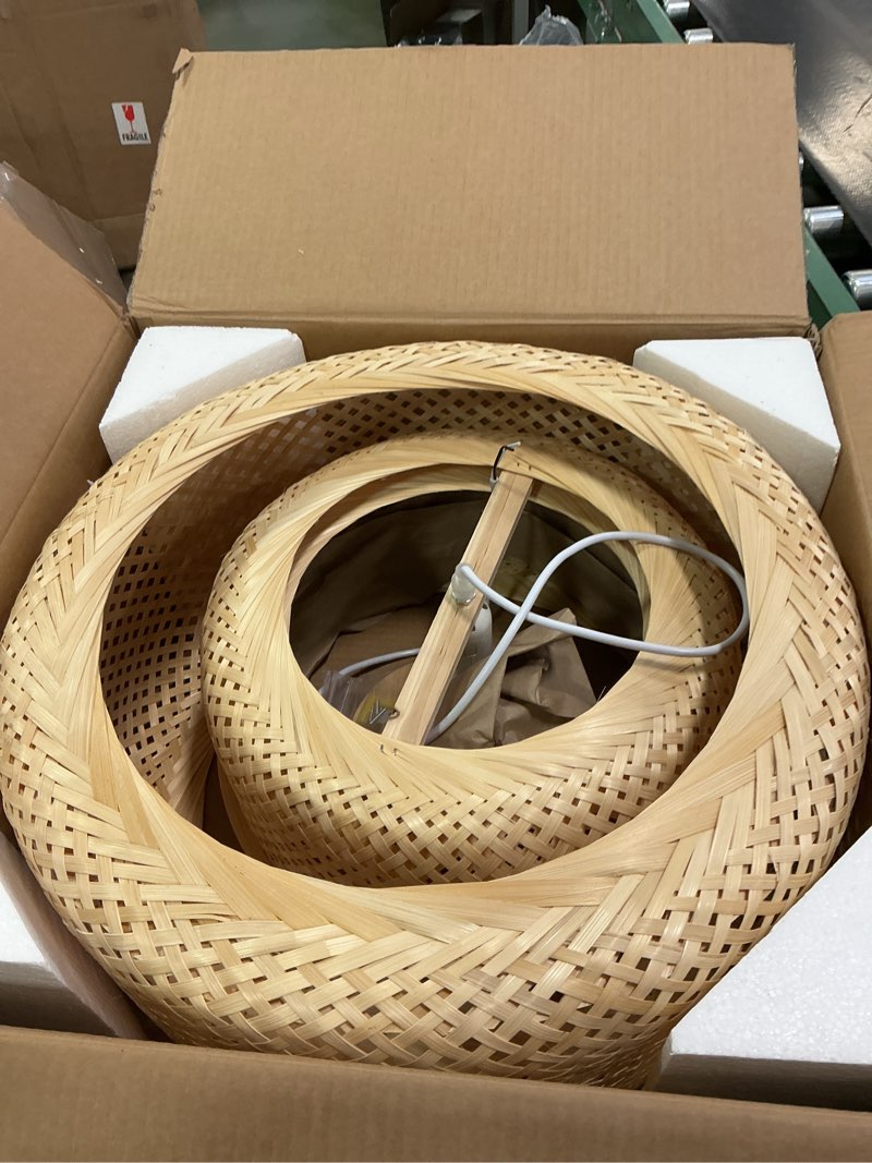 Condition photo showing New/Like New for Hand-Woven Bamboo Pendant Light, Rattan Handwoven Pendant Lamp, Natural Chandeliers Domed Shape Woven Light 1 Light Hanging Light for Kitchen Farmhouse Beige (19.68 x 18.89inch)