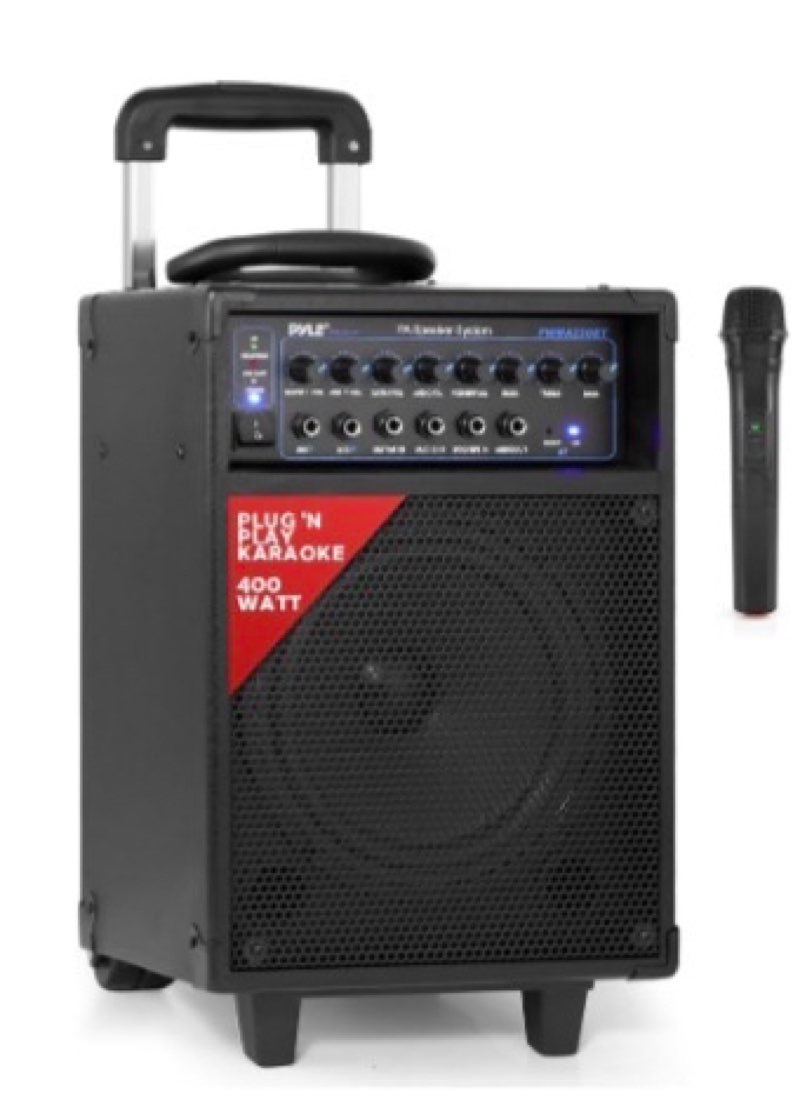 pyle wireless portable pa system-400w bluetooth compatible rechargeable battery powered outdoor sound stereo speaker microphone set w/handle, wheels-1/4 to aux, rca cable
