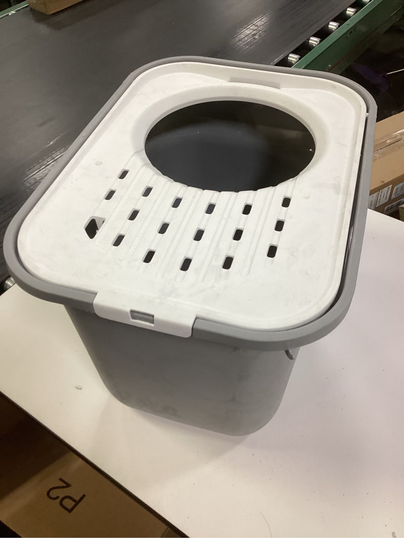 Condition photo showing As Is for IRIS USA Cat Litter Box, Large Cat Box Enclosure, Top Entry with Litter Catching Lid, Enclosed with Scoop, Gray/White Rectangular Gray w/ Scoop