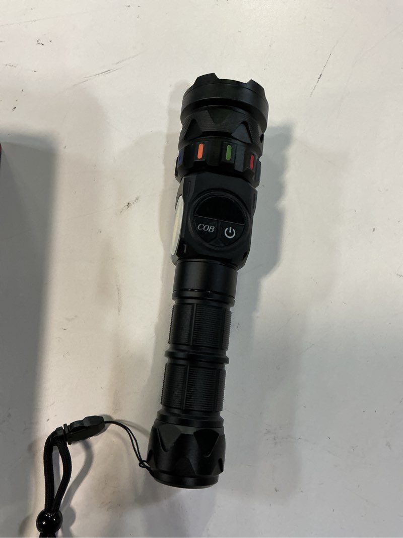 Condition photo showing Good Condition for Rechargeable Flashlights High Lumens 5000 Long Distance, Super Bright LED Flash Lights with COB Sidelight USB C LCD Display, Daul Light Source & Buttons with Red Light, for Camping Hiking Emergency Black 1 Pack Black 1 Pack