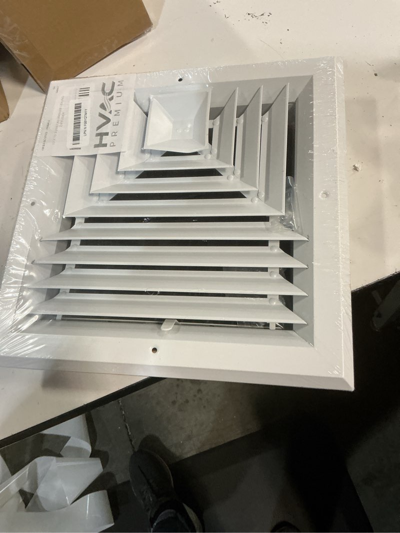 Condition photo showing New/Like New for 10x10 supply air vent cover 3-way diffuser for ceiling duct opening - adjustable square extruded rust proof aluminum grill by hvac premium - white - overall size: 13" x 13"