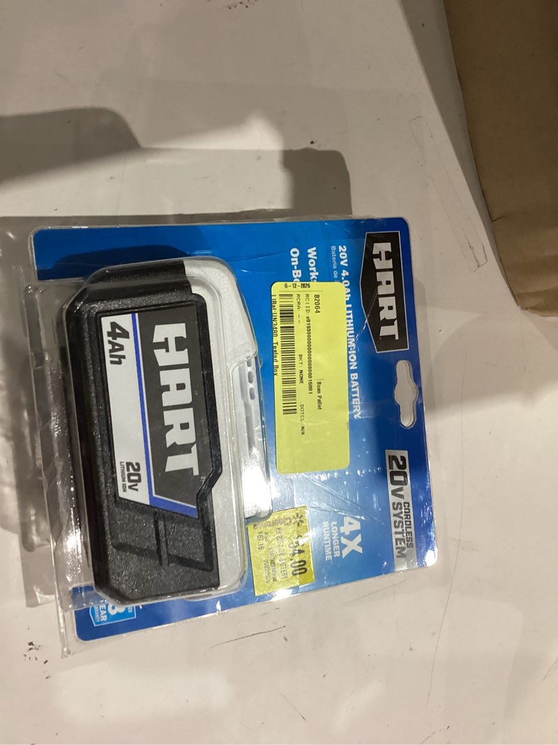 Condition photo showing As Is for hart 20-volt lithium-ion 4.0ah battery (charger not included)