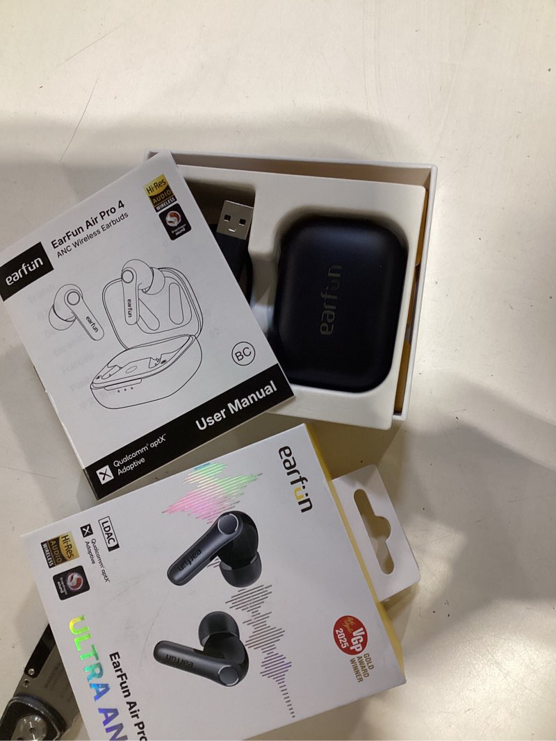 Condition photo showing New/Like New for earfun air pro 4 adaptive hybrid noise canceling wireless earbuds, qualcomm snapdragon sound, aptx™ lossless, 6 mics ai cvc 8.0 call, ldac hi-res audio, 52h playtime, bluetooth 5.4, in-ear detection black
