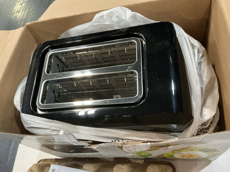 Condition photo showing As Is for cuisinart cpt-122bk 2-slice compact plastic toaster, slots for bagels & bread, 7 shade settings, cancel/defrost/reheat functions, removable crumb tray, small kitchen appliance for home & office, black black 2-slice toaster