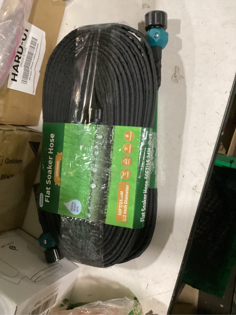 Condition photo showing New/Like New for secbulk 2025 flat soaker hose 100 ft for garden, 100' (50ft x 2) linkable drip hose diy garden irrigation system saving 80% water, dual-layer leak-free design water hose with holes 100ft (50'x2)