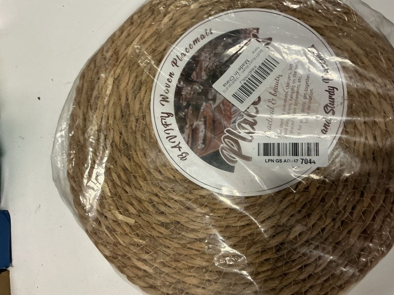 Condition photo showing New/Like New for 13 in round woven placemats plate chargers set of 10, boho farmhouse rustic woven place mats for dining table decor, rattan wicker table mats jute braided chargers for dinner plates natural color 13 inch set of 10