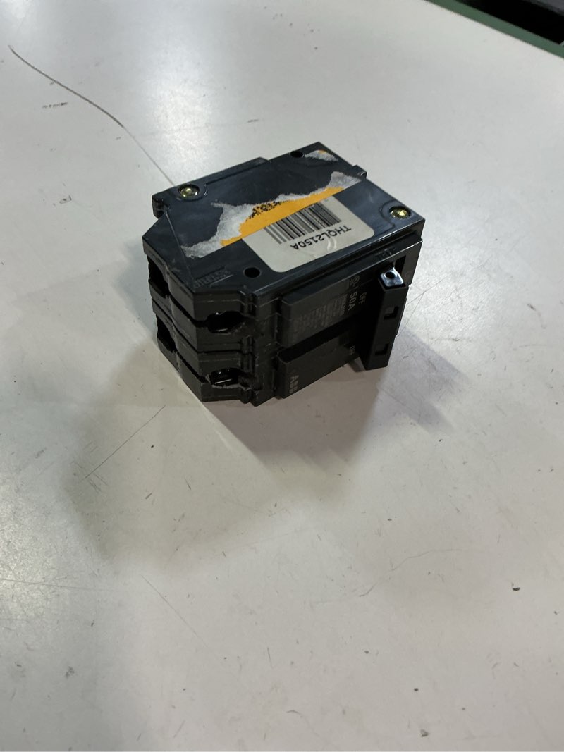 Condition photo showing As Is for 50 amp 1 in. double-pole circuit breaker (thql2150a)