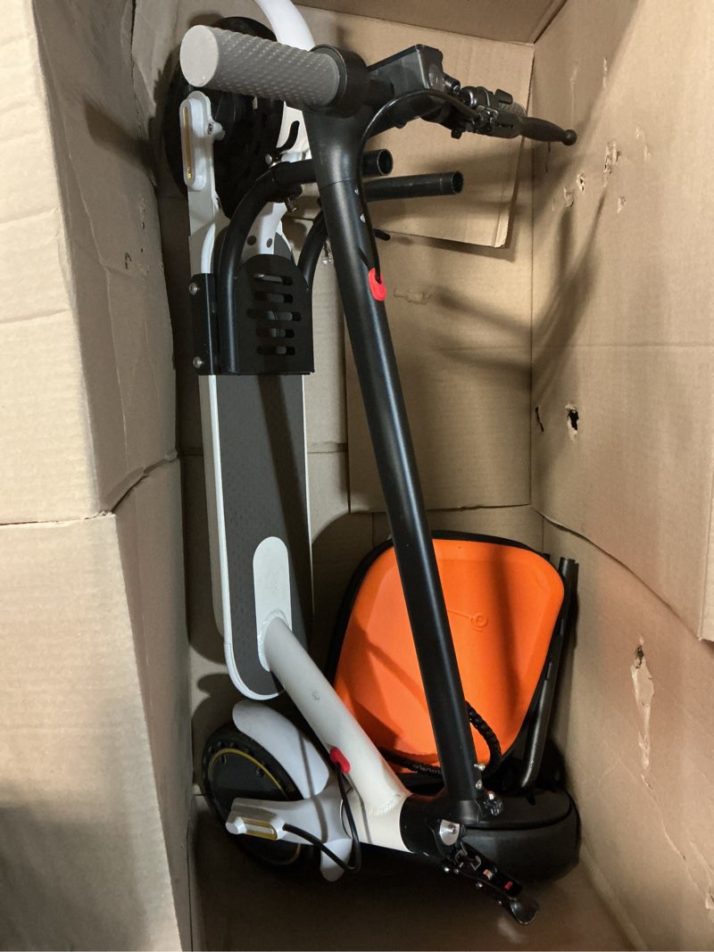 Condition photo showing As Is for electric scooter adults foldable with seated bag 8.5" solid tire 19mph 350w motor 22miles range 265lbs load app control for travel commuting&campus