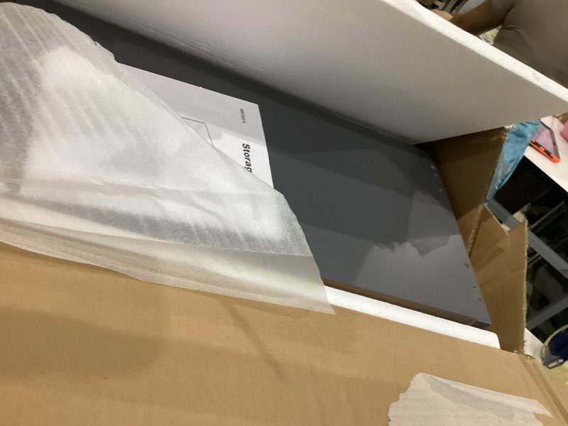 Condition photo showing As Is for vasagle floor storage cabinet, freestanding storage unit with 4 doors, adjustable shelves, 11.8 x 23.6 x 43.3 inches, for entryway, bathroom, slate gray ubbc552g01 slate gray 4 doors