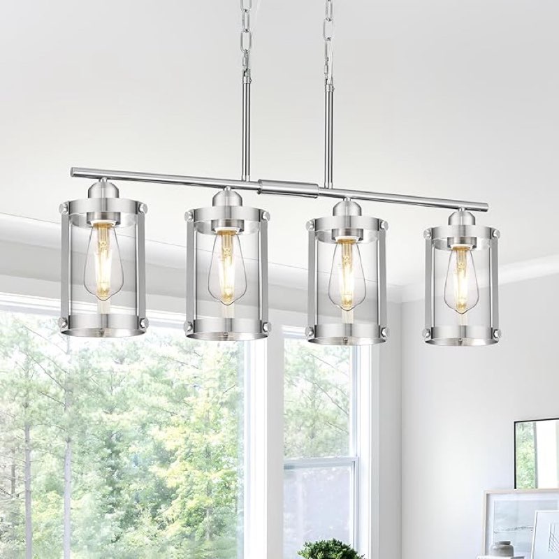 4-Light Kitchen Island Lighting, Brushed Nickel Linear Dining Room Light Fixtures with Clear Glass, Modern Industrial Chandelier Pendant Light for Kitchen Island Dining Room, OS-3014-4ISBN