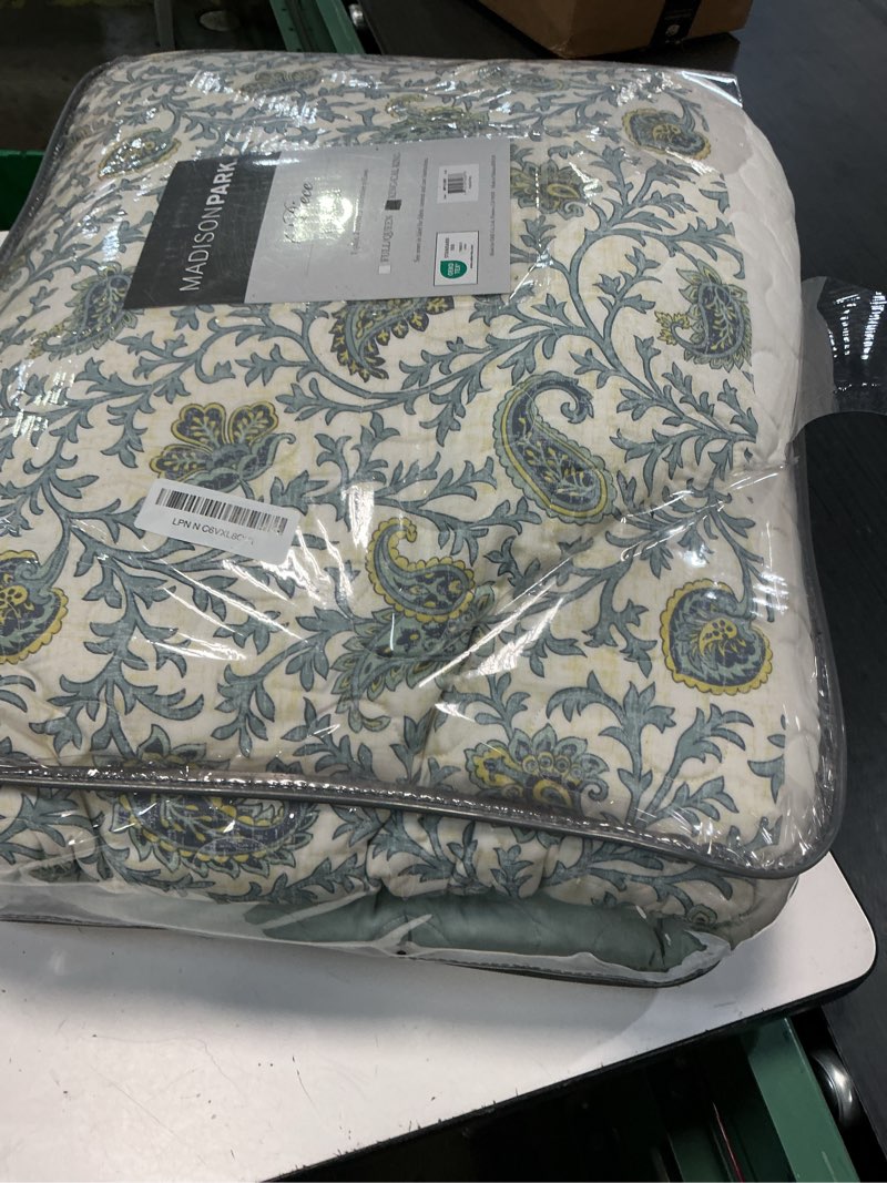 Condition photo showing As Is for madison park cotton quilt set floral print, double sided stitching, all season, lightweight coverlet shabby chic bedding layer, matching shams, king/cal king, aqua 6 piece aqua king/cal king