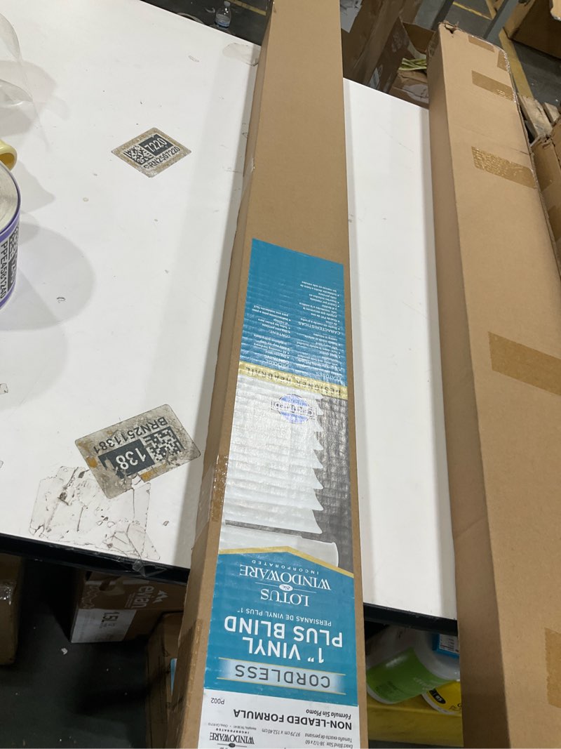 Condition photo showing New/Like New for LOTUS & WINDOWARE Cordless 1" Premium Vinyl Mini Blind, 39" Wide x 60" Long, White, Smooth, Room Darkening, Horizontal Blinds for Living Room, Bedroom, Interior Door Windows 39"W x 60"H White