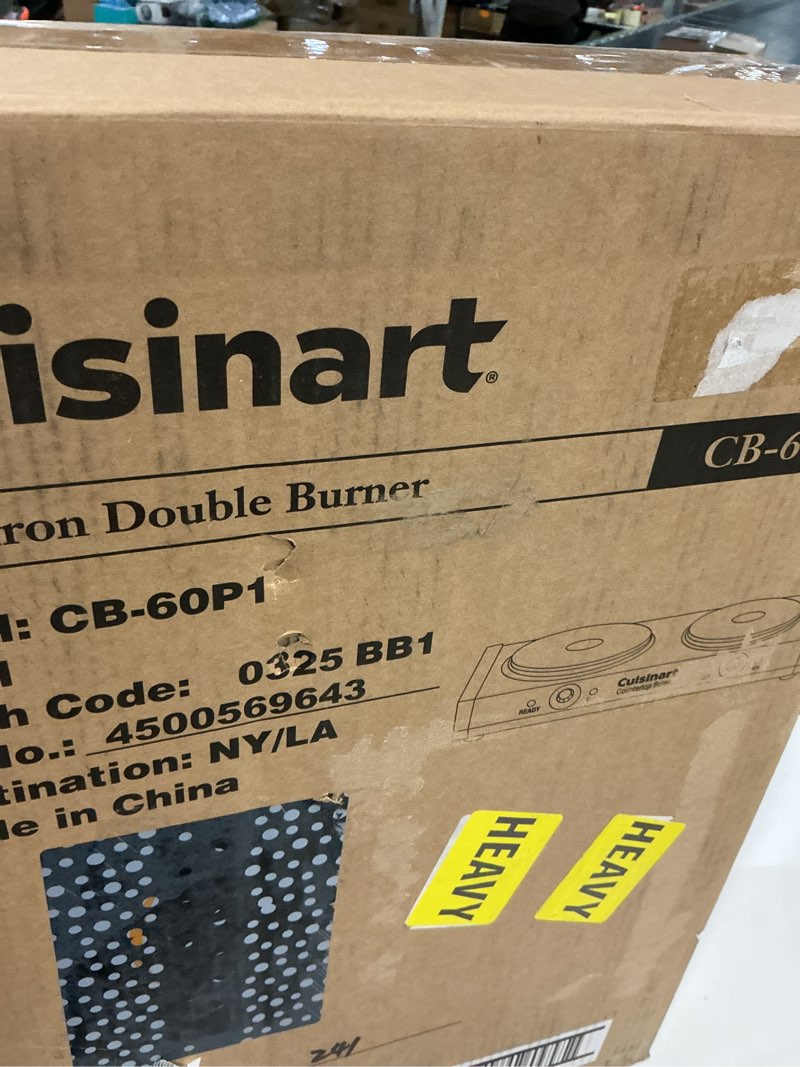 Condition photo showing As Is for cuisinart cb-60p1 countertop double burner, stainless steel/black cuisinart cast-iron double burner