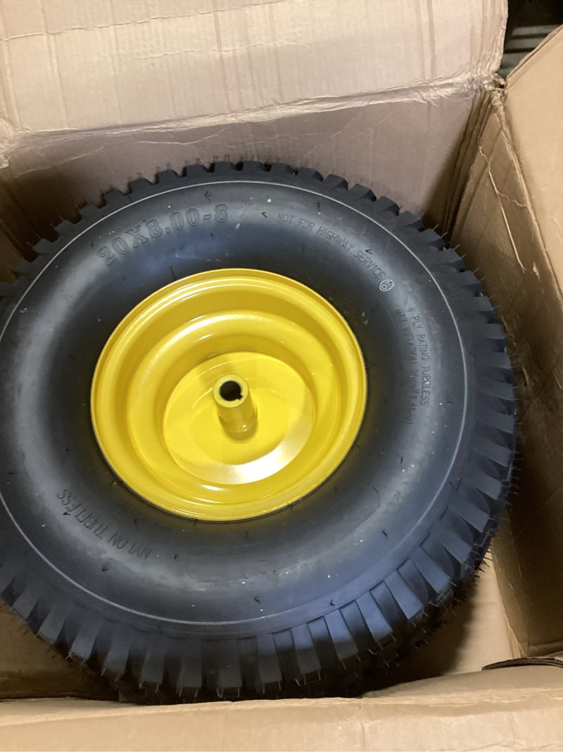 Condition photo showing Good Condition for (2-pack) 20x8.00-8 rear tire and wheel assemblies - 4 ply tubeless tire compatible replacement for riding lawn mowers - 3/4" borehole, 3.5" offset hub and 3/16" keyway 20 x 8.00-8" tubeless (offset hub) yellow