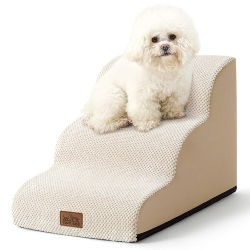 cozy kiss dog stairs for small dogs 15.7" h, curved 15.7x22.4x15.7in, beige