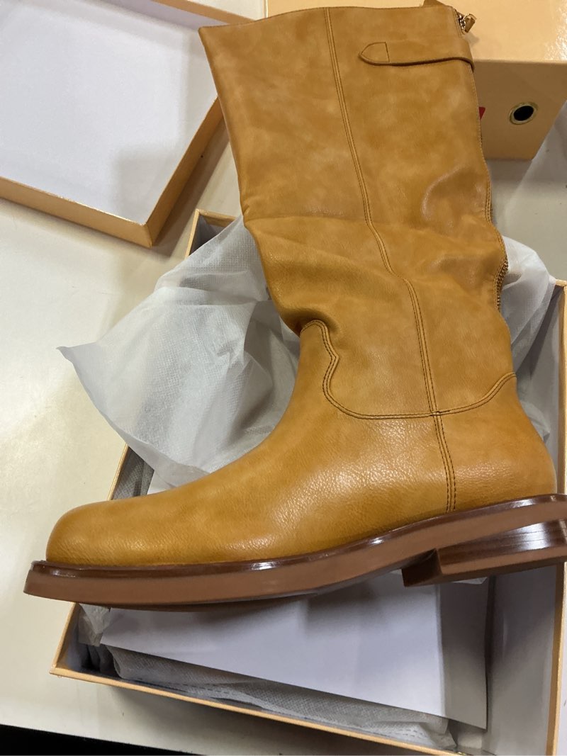 Condition photo showing New/Like New for women's knee high boots chunky heel square toe tall boots for women low heel back zipper boots size 6 banana-yellow