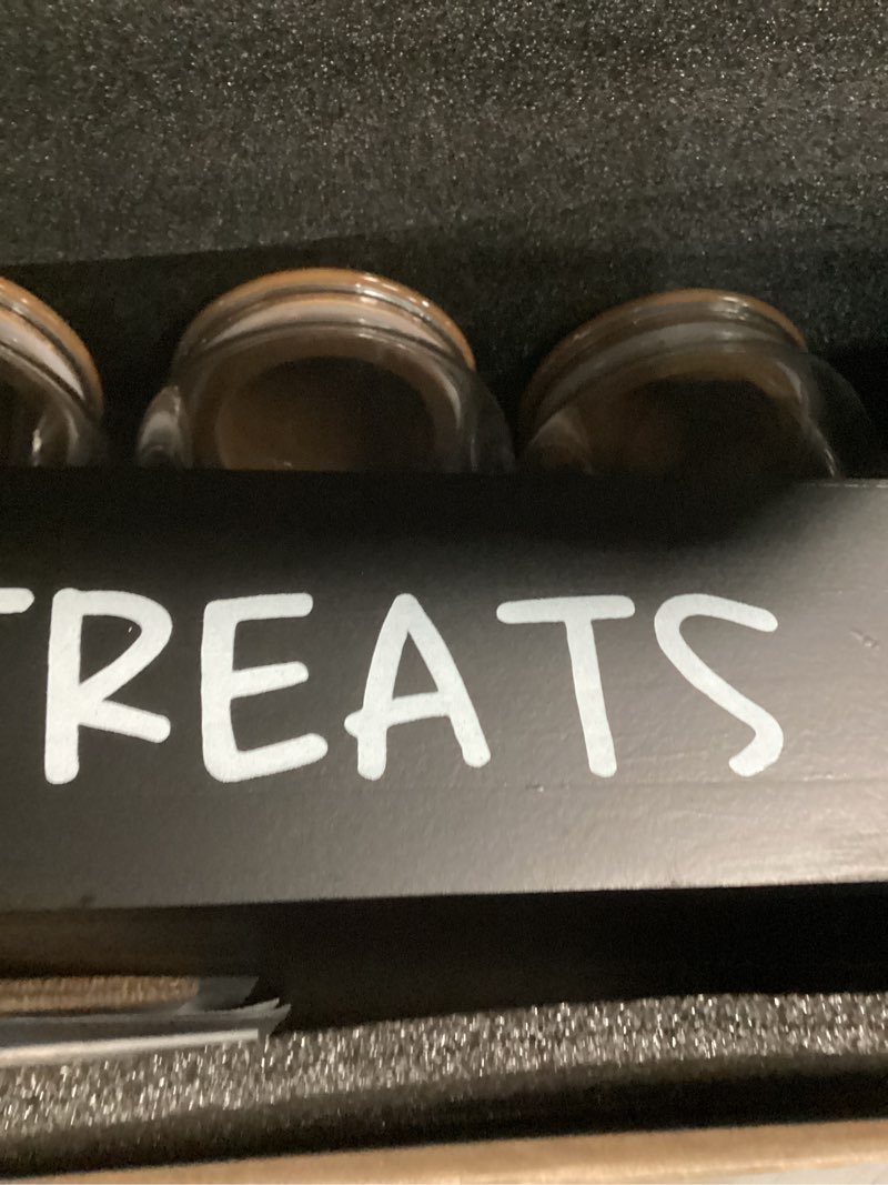 Condition photo showing Good Condition for dog treat container - includes 3 treat jars, 1 treat bag, wooden pet treat holder, storage basket, dog treat station, with reusable sticker & marker - bone shape