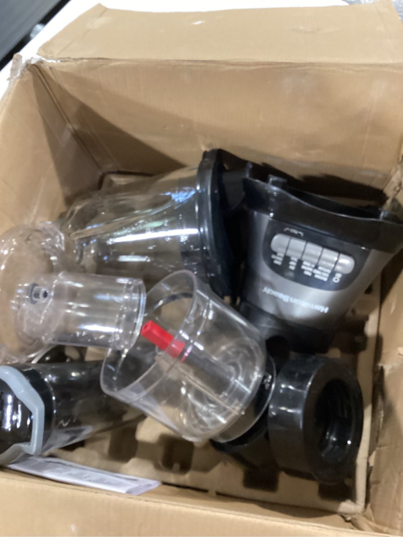Condition photo showing Good Condition for hamilton beach blender for shakes and smoothies & food processor combo, with 40oz glass jar, portable blend-in travel cup & 3 cup electric food chopper attachment, 700 watts, gray & black (58163)