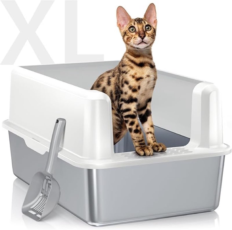 Stainless Steel Litter Box, Extra Large Litter Boxes for Big Cats, XLarge Metal Cat Litter Box with Lid, Anti-Urine Leakage XL Box with High Sides, Easy Clean, Non-Sticky, Scoop Included Silver Grey XL